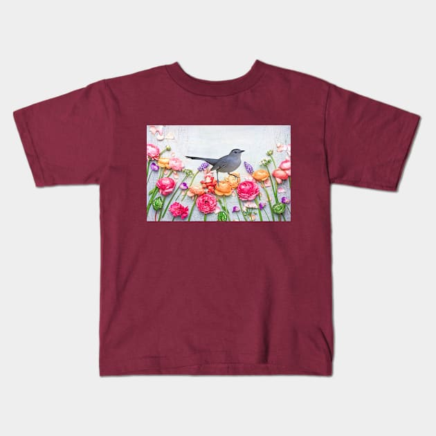 Gray Catbird in the Flower Garden Kids T-Shirt by lauradyoung